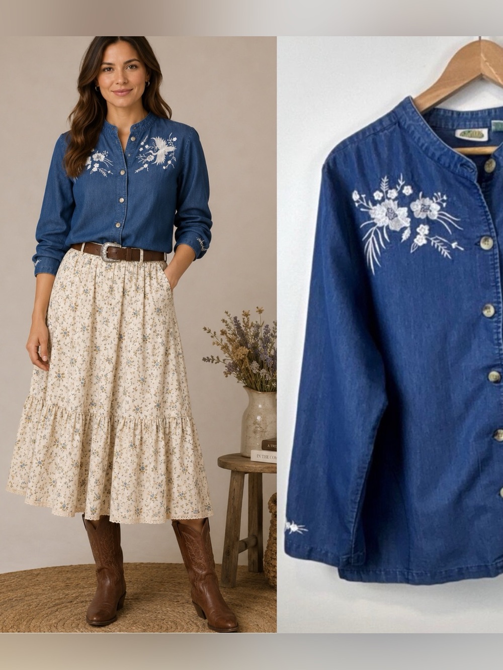 Collections Etc Blue Denim Embroidered Collarless Long Sleeve Top XL Western